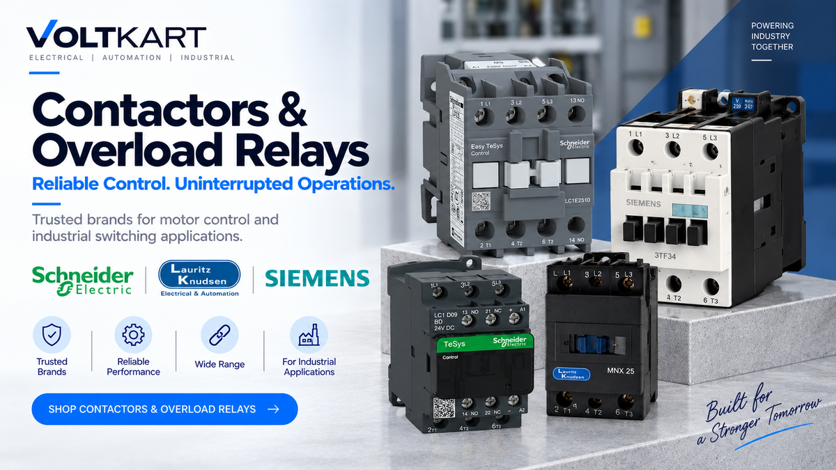Voltkart contactors and overload relays banner featuring Schneider Electric, Lauritz Knudsen and Siemens