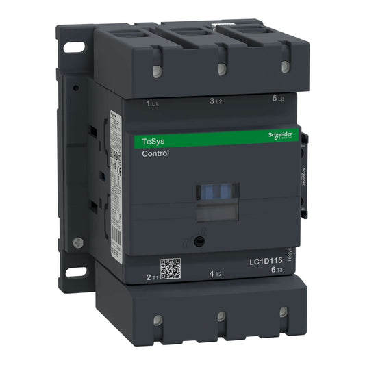 Schneider 115A contactor LC1D115M7 in a TeSys control box, designed for motor applications with screw terminals.
