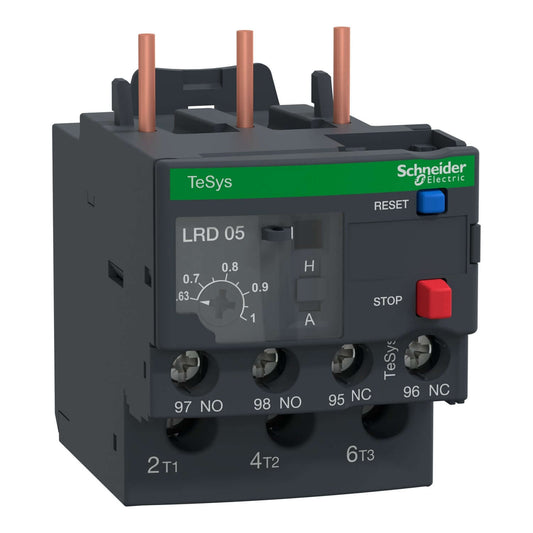 Schneider TeSys LRD05 thermal overload relay with reset button and adjustment dial for motor protection.