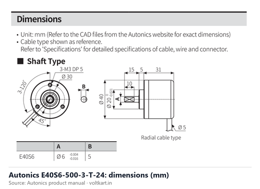 Autonics E40S6-500-3-T-24 dimensions (manufacturer datasheet drawing)