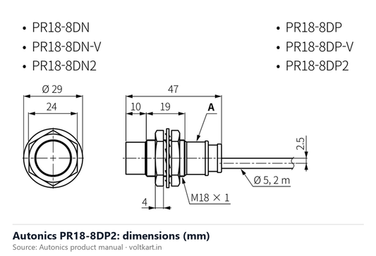 Autonics PR18-8DP2 dimensions (manufacturer datasheet drawing)