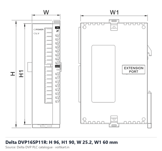 Delta DVP16SP11R extension module dimensions (manufacturer datasheet drawing)