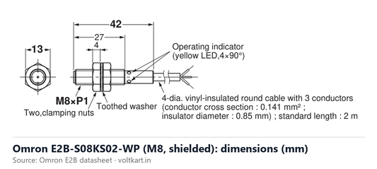Omron E2B-S08KS02-WP proximity sensor dimensions (manufacturer datasheet drawing)