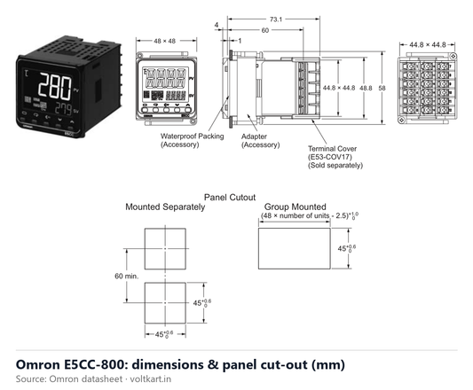 Omron E5CC-800 temperature controller dimensions and panel cut-out (manufacturer datasheet drawing)