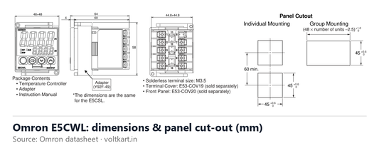 Omron E5CWL temperature controller dimensions and panel cut-out (manufacturer datasheet drawing)