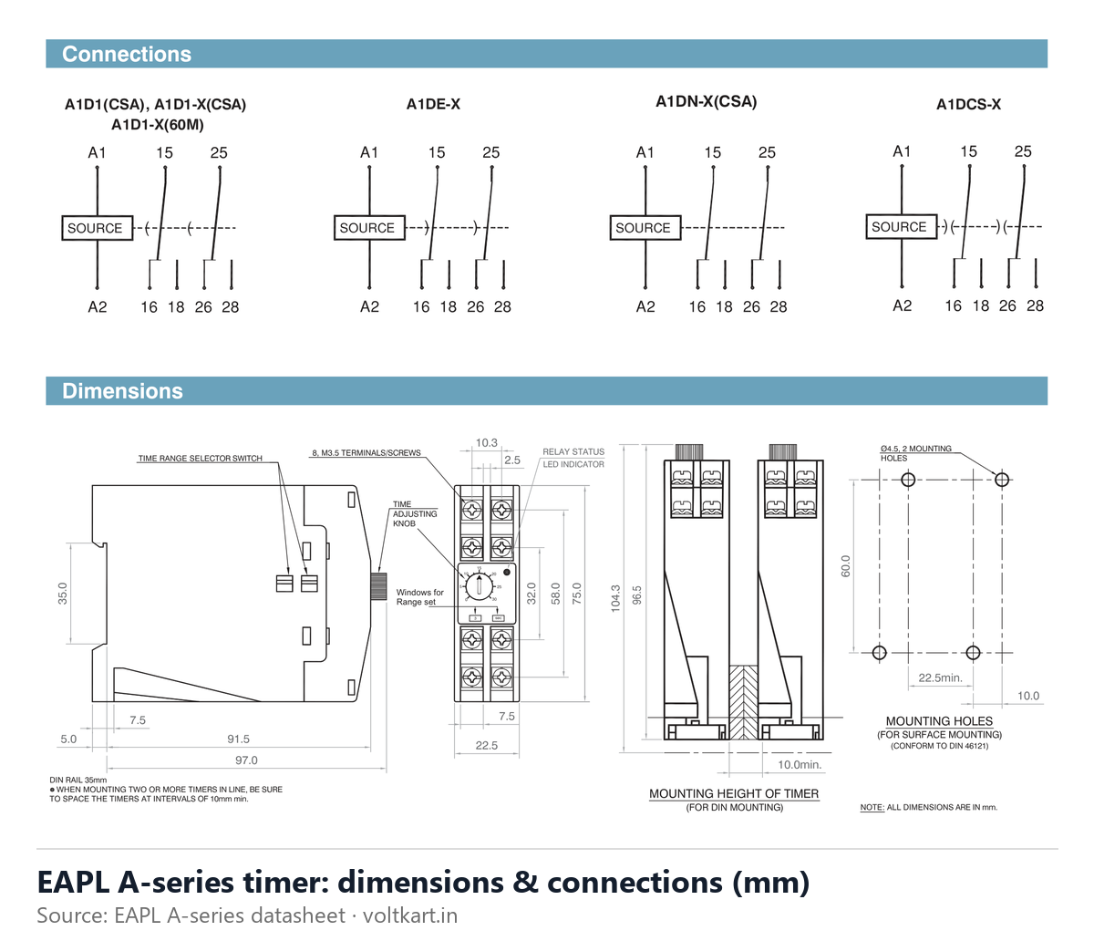 EAPL A-series DIN rail timer dimensions and connections (manufacturer datasheet drawing)