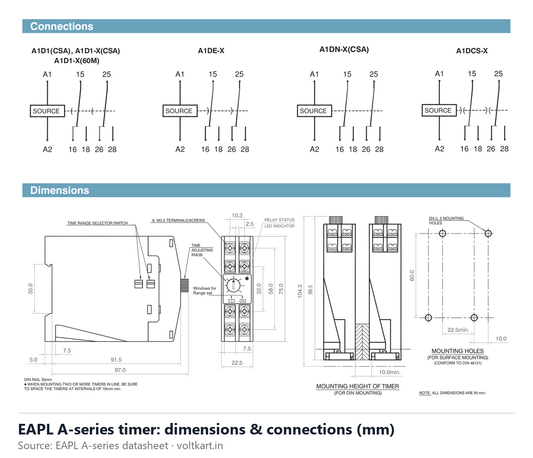 EAPL A-series DIN rail timer dimensions and connections (manufacturer datasheet drawing)