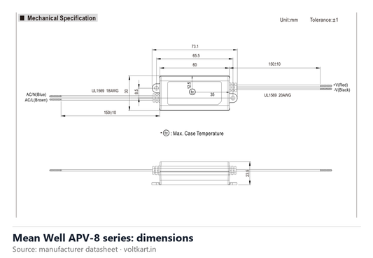 Mean Well APV-8 series dimensions (manufacturer datasheet drawing)