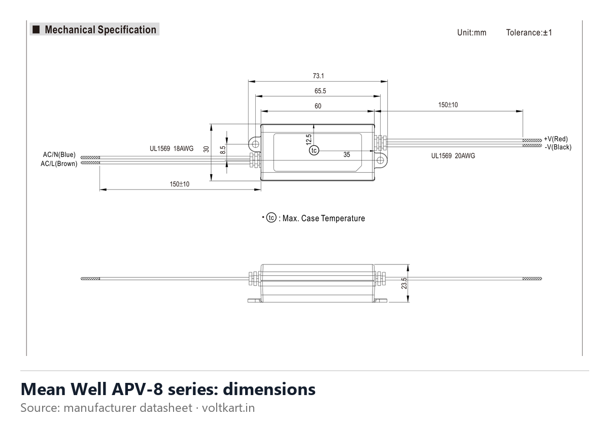 Mean Well APV-8 series dimensions (manufacturer datasheet drawing)