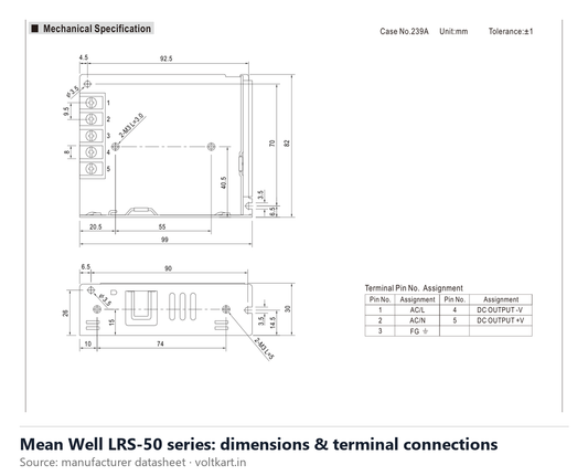Mean Well LRS-50 series dimensions and terminal connections (manufacturer datasheet drawing)