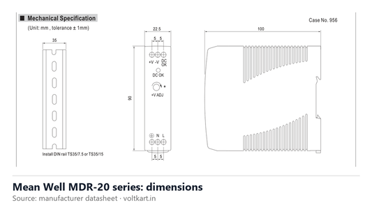 Mean Well MDR-20 series dimensions (manufacturer datasheet drawing)