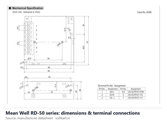 Mean Well RD-50 series dimensions and terminal connections (manufacturer datasheet drawing)
