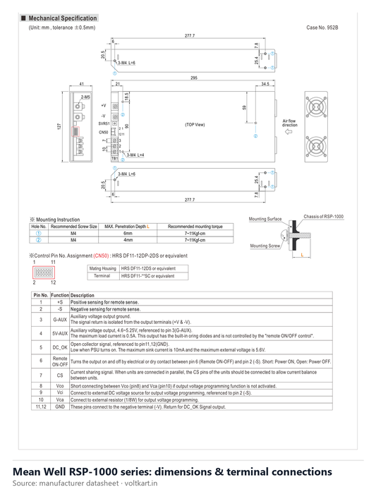 Mean Well RSP-1000 series dimensions and terminal connections (manufacturer datasheet drawing)