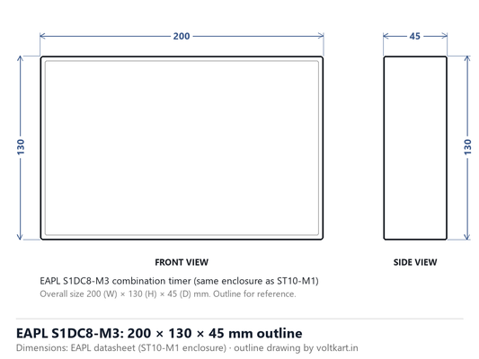 EAPL S1DC8-M3 combination timer outline dimensions 200 x 130 x 45 mm (outline drawing from manufacturer datasheet figures)