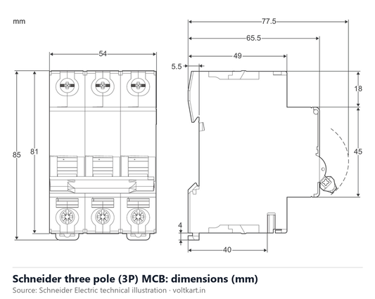 Schneider three pole MCB dimensions (manufacturer datasheet drawing)