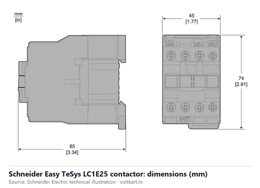 Schneider LC1E2510 contactor dimensions (manufacturer datasheet drawing)