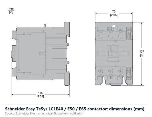 Schneider LC1E40 LC1E50 LC1E65 contactor dimensions (manufacturer datasheet drawing)