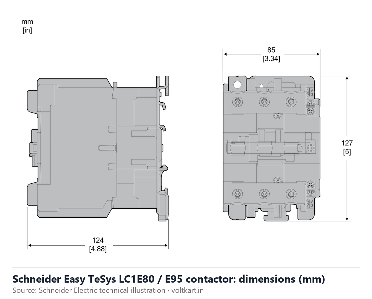 Schneider LC1E80 LC1E95 contactor dimensions (manufacturer datasheet drawing)