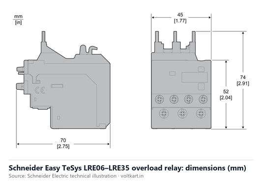 Schneider Easy TeSys LRE overload relay dimensions (manufacturer datasheet drawing)