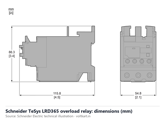 Schneider LRD365 overload relay dimensions (manufacturer datasheet drawing)