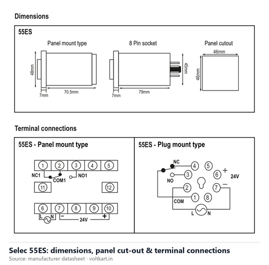 Selec 55ES dimensions and terminal connections (manufacturer datasheet drawing)