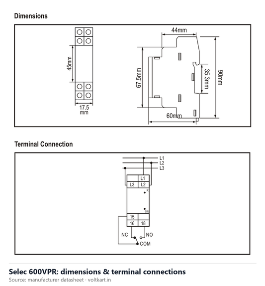 Selec 600VPR dimensions and terminal connections (manufacturer datasheet drawing)