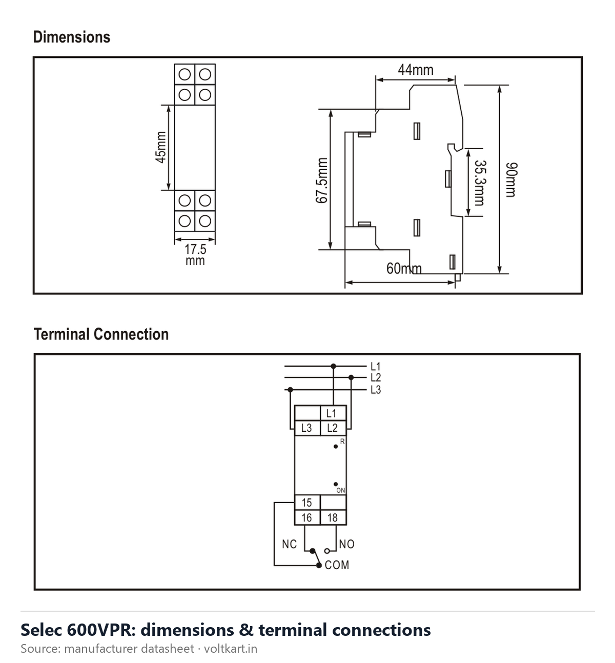 Selec 600VPR dimensions and terminal connections (manufacturer datasheet drawing)