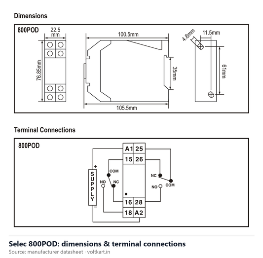 Selec 800POD dimensions and terminal connections (manufacturer datasheet drawing)