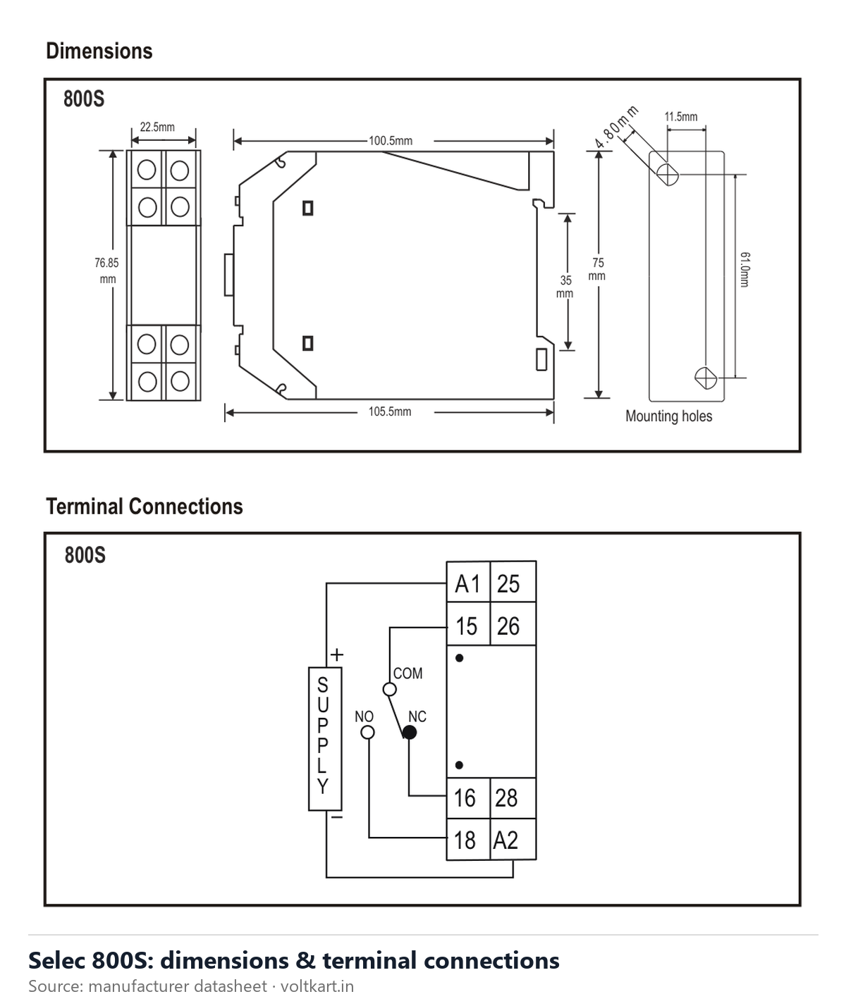 Selec 800S dimensions and terminal connections (manufacturer datasheet drawing)