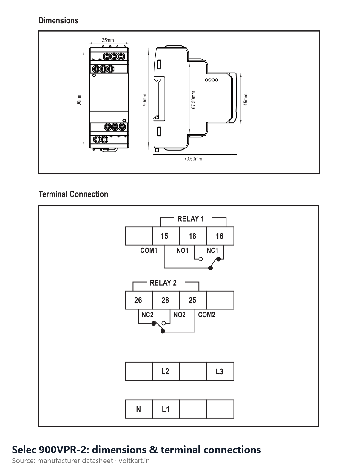 Selec 900VPR-2 dimensions and terminal connections (manufacturer datasheet drawing)
