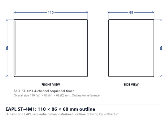 EAPL ST-4M1 sequential timer outline dimensions 110 x 86 x 68 mm (outline drawing from manufacturer datasheet figures)