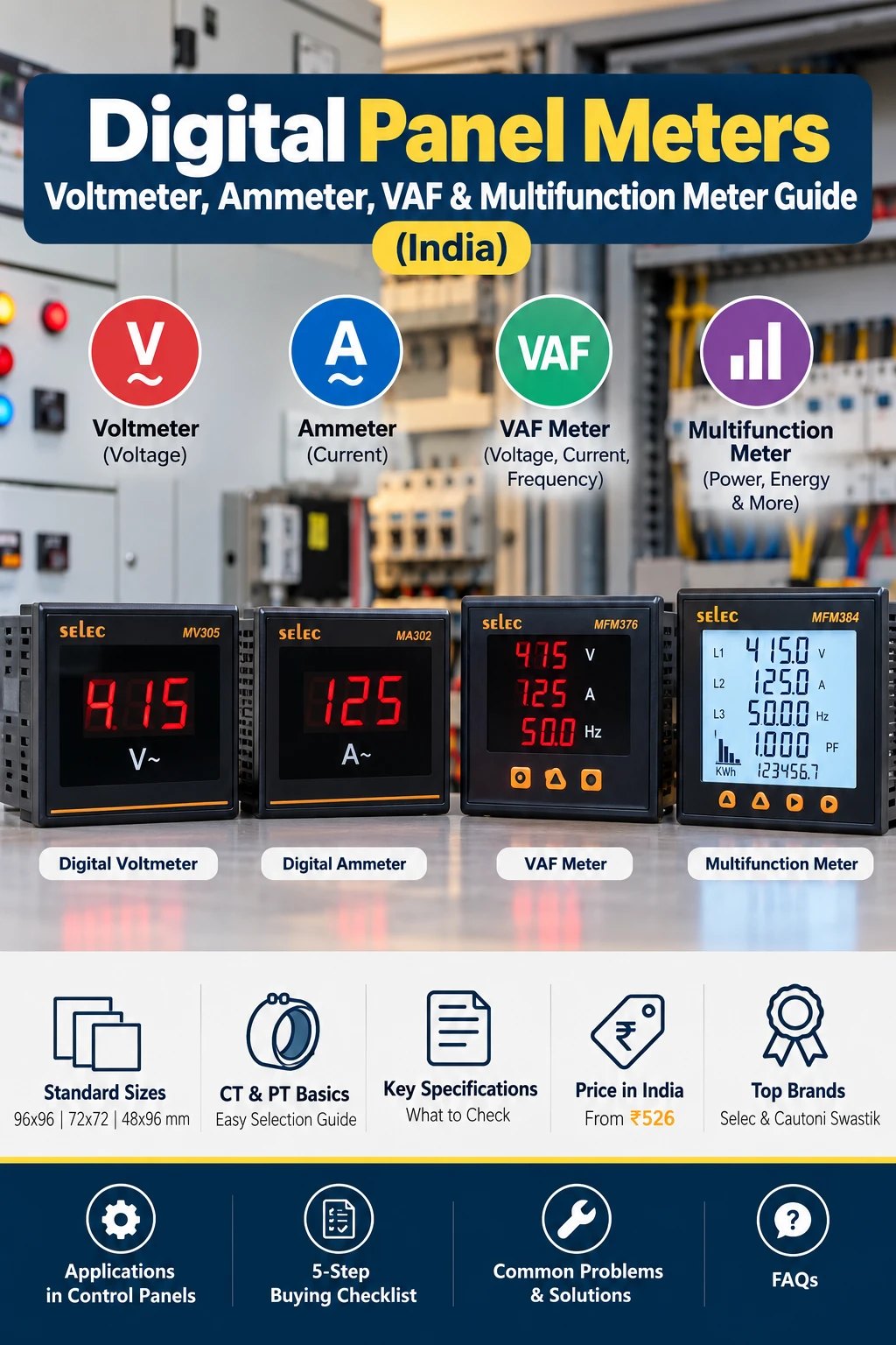 Digital panel meter guide: Selec digital voltmeter, ammeter and multifunction meters, sizes, CT basics and prices in India