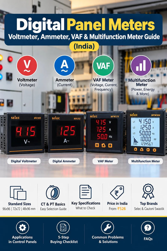 Digital panel meter guide: Selec digital voltmeter, ammeter and multifunction meters, sizes, CT basics and prices in India