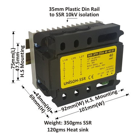 905 3PH ZDA 48 40 01, Unison 3 phase SSR Dc to Ac, 40 amp (without heat sink base)