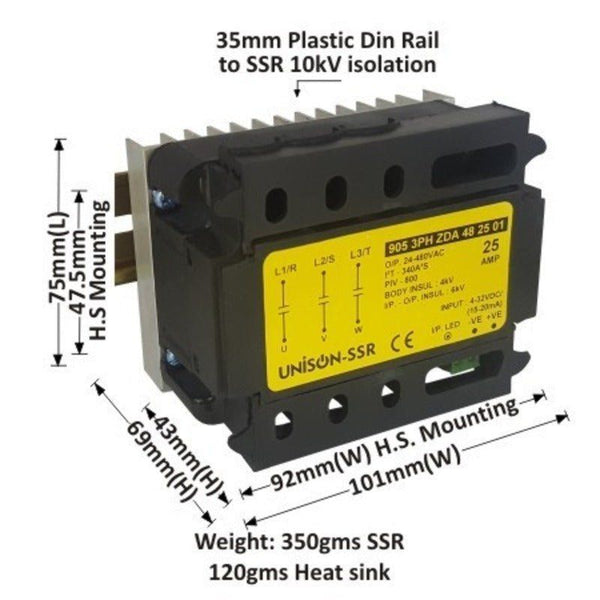 905 3PH ZDA 48 25 01, Unison 3 phase SSR Dc to Ac, 25amp