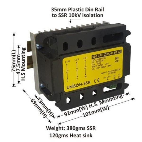 905 3PH ZUA 48 50 02, Unison 3 phase SSR Dc to Ac, 50 amp