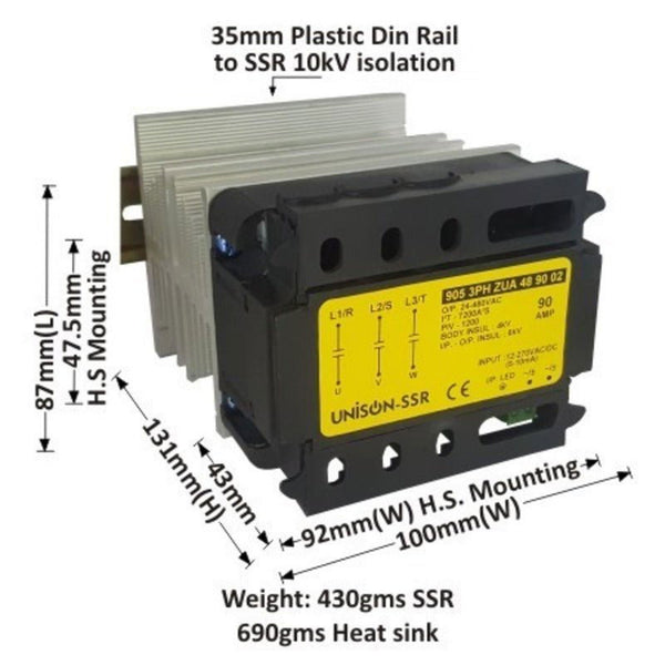 905 3PH ZUA 48 90 02, Unison 3 phase SSR Dc to Ac, 90amp