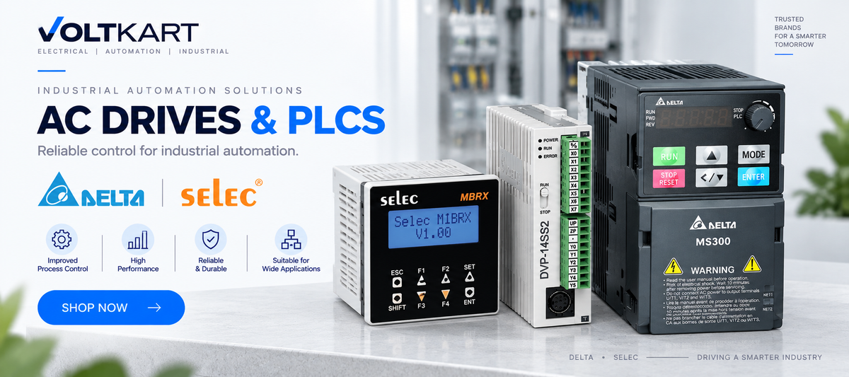 Voltkart AC drives and PLCs banner featuring Delta and Selec industrial automation products