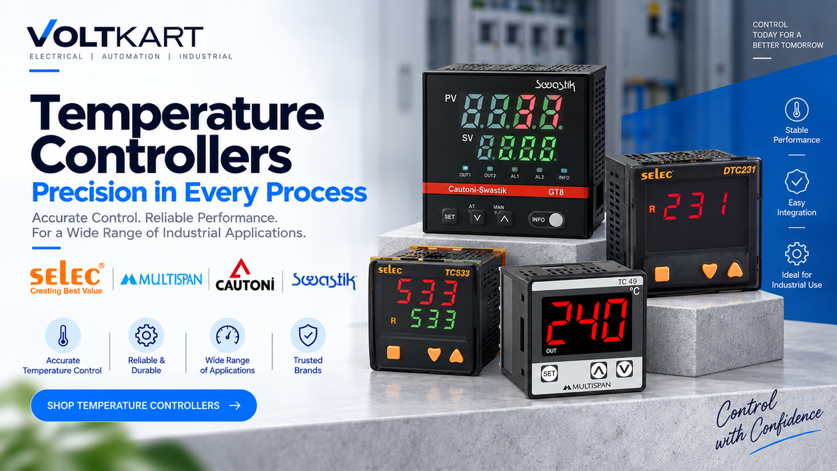Voltkart industrial temperature controllers banner featuring Selec, Multispan, Cautoni and Swastik brands