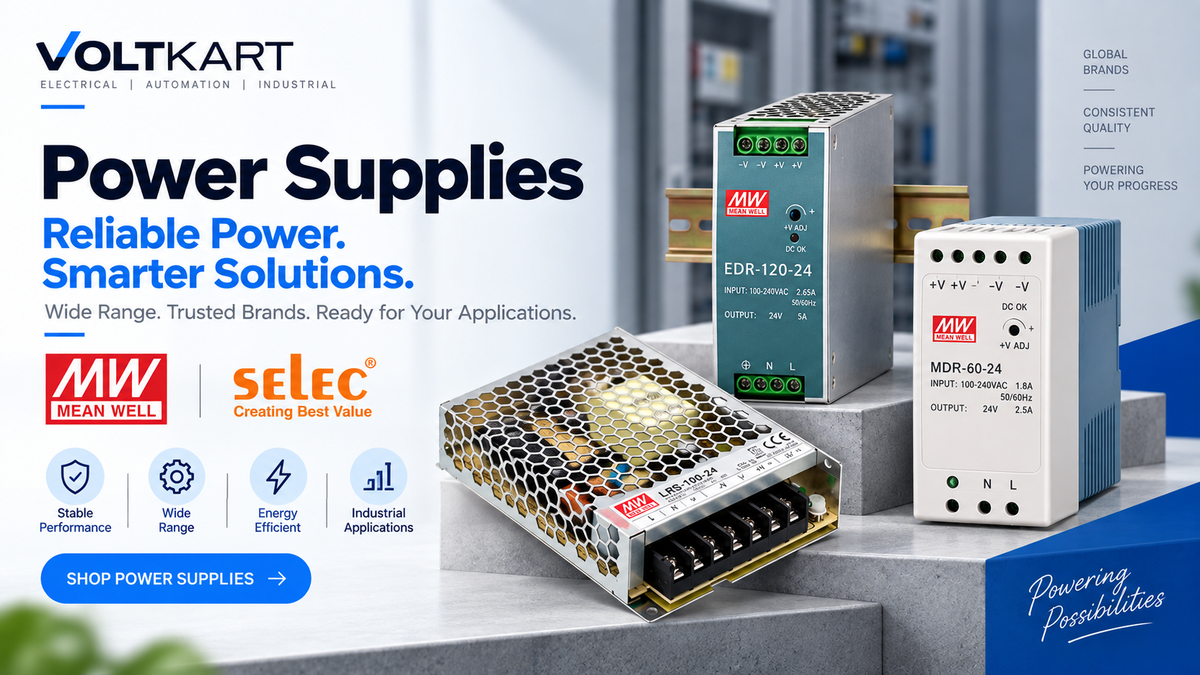 Voltkart industrial power supplies banner featuring Mean Well and Selec DIN rail SMPS units