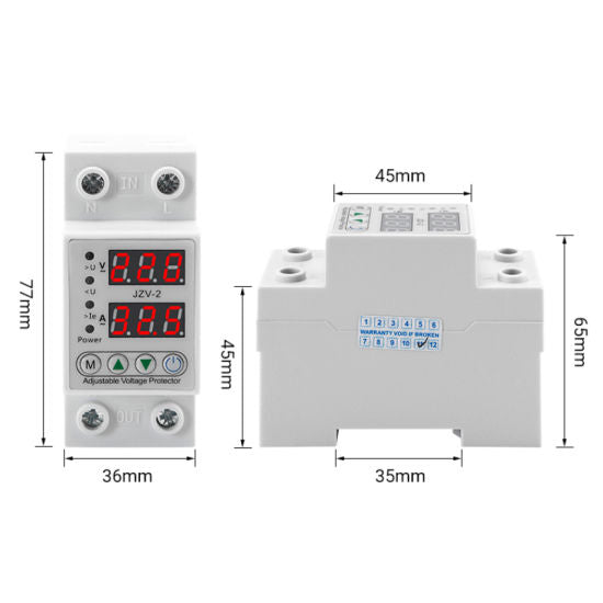 I-Tech Automatic Over/Under Voltage and Over Load Protection (Adjustable Setting) with Auto Re-Connect LED Display Standard Din-Rail Mounted Single Phase 220V, 63A (13.8kW) JZV-2 voltkart