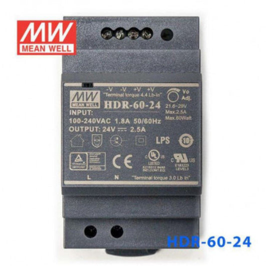 Mean Well HDR-60-24, 2.5 amp 24vdc Din mounted Power Supply voltkart