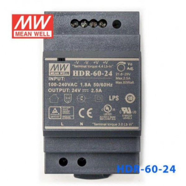 Mean Well HDR-60-24, 2.5 amp 24vdc Din mounted Power Supply