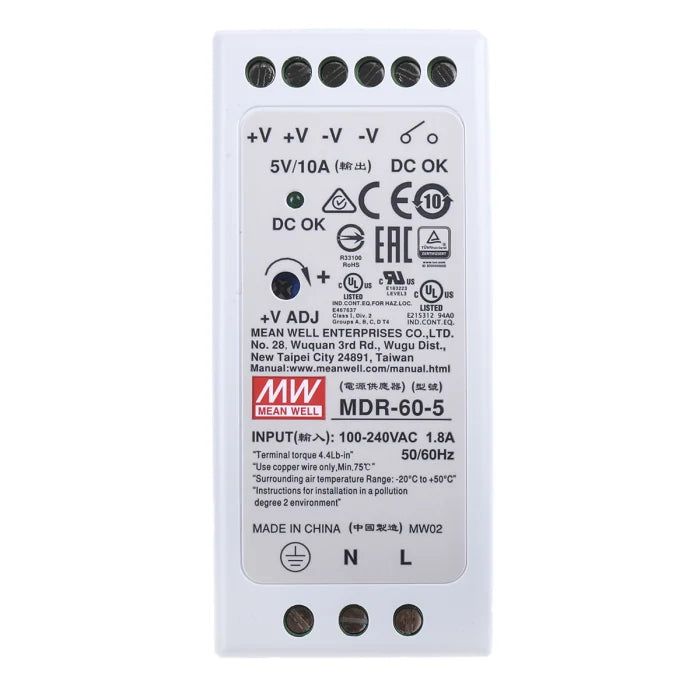 Mean Well MDR-60-5, 5vdc 10amp Din mounted SMPS - voltkart - MEANWELL - 