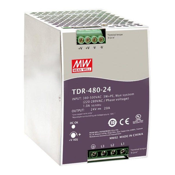 TDR-480-24 Mean Well SMPS 3 phase input, 24V 20A DIN Rail Power Supply | Reliable Industrial Solution