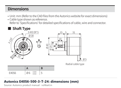 Autonics E40S6-500-3-T-24 dimensions (manufacturer datasheet drawing)