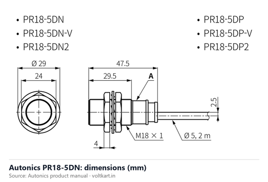 Autonics PR18-5DN dimensions (manufacturer datasheet drawing)
