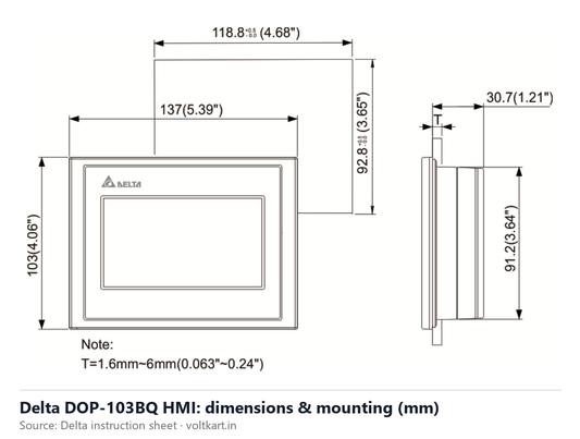 Delta DOP-103BQ HMI dimensions and mounting (manufacturer datasheet drawing)