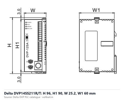 Delta DVP14SS211 PLC dimensions (manufacturer datasheet drawing)