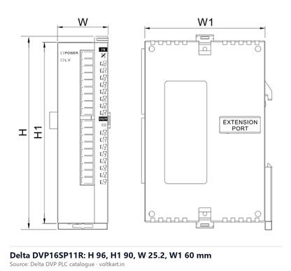 Delta DVP16SP11R extension module dimensions (manufacturer datasheet drawing)